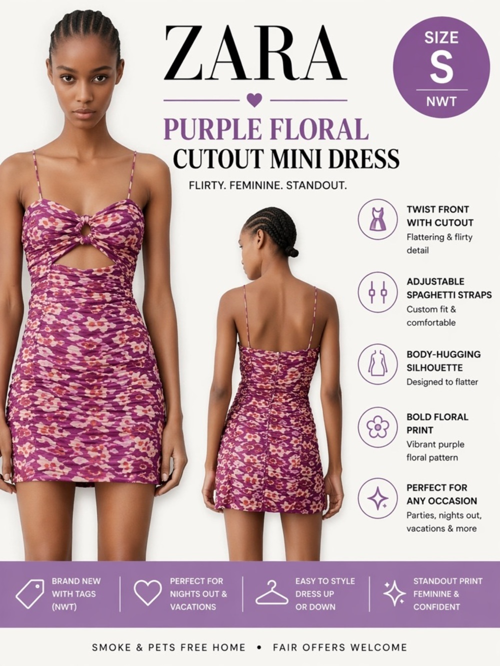 ZARA Purple Floral Print Cutout Mini Dress NWT Size S